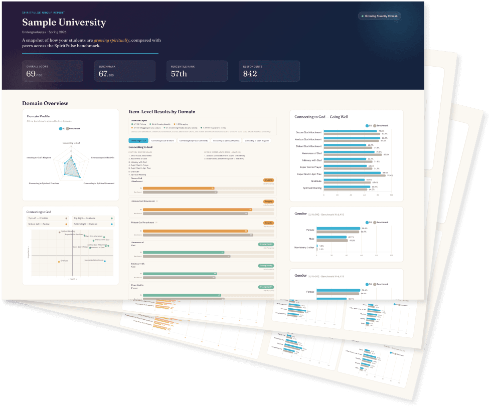 Sample SpiritPulse group report showing spiritual formation insights